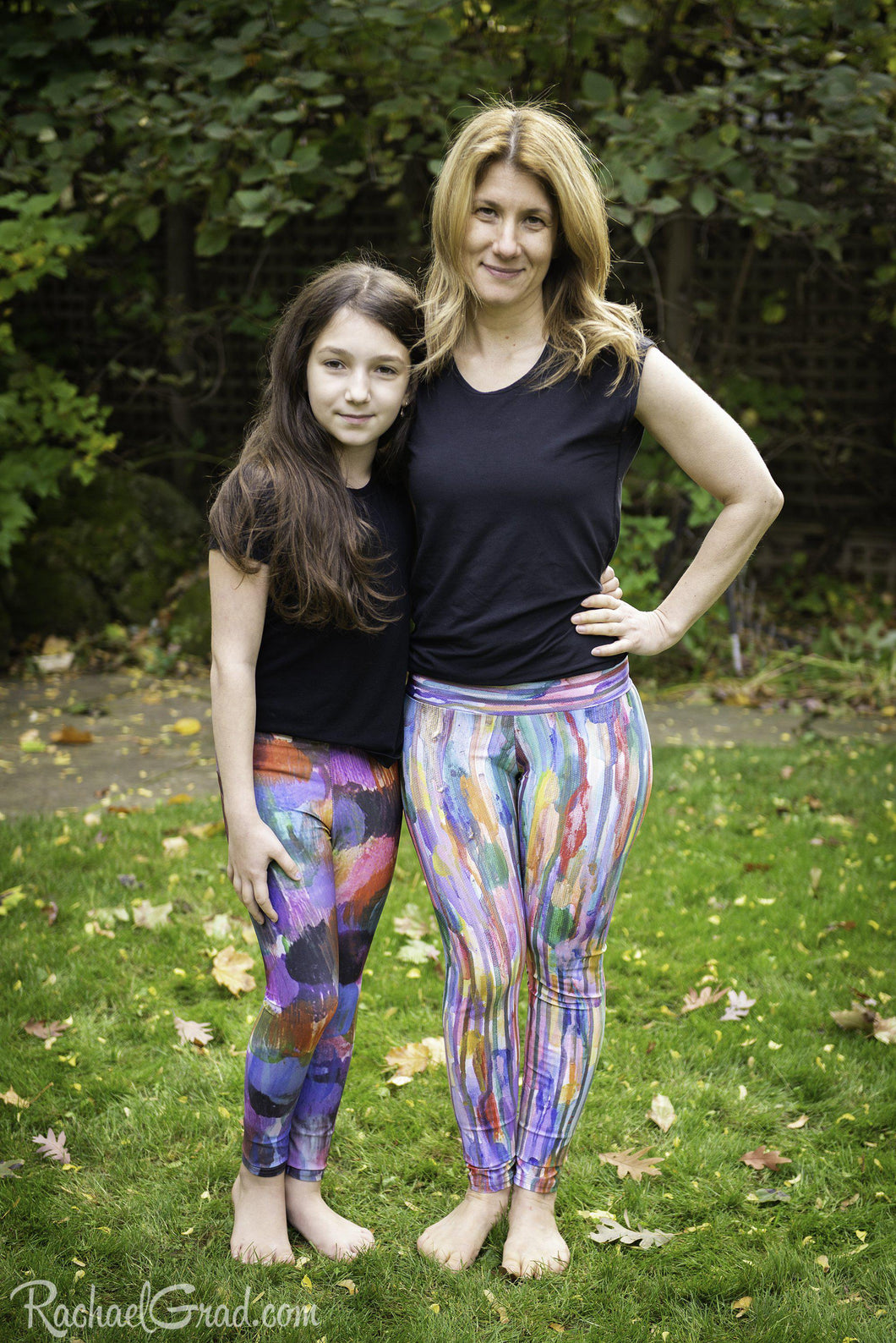Matching Mommy and Me Art Leggings with rainbow stripes by Artist Rachael Grad front view