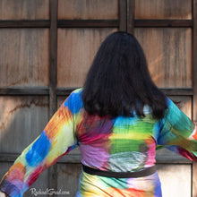 Load image into Gallery viewer, Colourful Bathrobe on Artist Rachael Grad back view