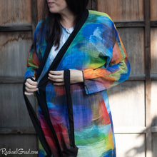 Load image into Gallery viewer, Colourful Bathrobe on Artist Rachael Grad front view