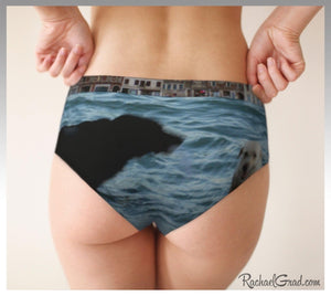 Gift for Travel Lovers: Matching Venice Dogs Underwear, Women's cheeky briefs on model by Artist Rachael Grad