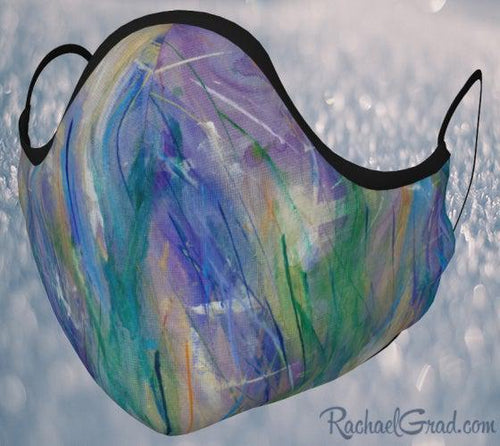 Face Mask with Blue Purple Green Art by Canadian Artist Rachael Grad front view