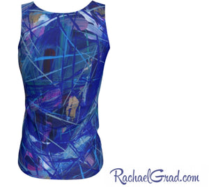 Fitted Tank Top with Blue Abstract Artwork by Toronto Artist Rachael Grad white background back