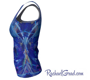 Fitted Tank Top with Blue Abstract Art by Toronto Artist Rachael Grad white background side