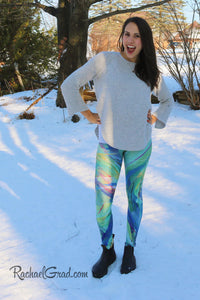 Green Chloe Art Leggings on Jess by Toronto Artist Rachael Grad Canadian winter pants