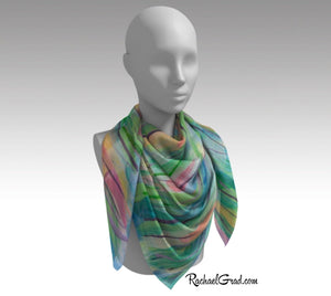 Green Grass Flowers Abstract Art Scarf by Toronto Artist Rachael Grad 50" square on mannequin