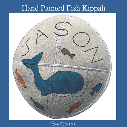 Hand Painted Fish Art Kippah by Artist Rachael Grad