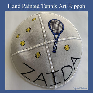 Hand Painted Kippah with Colorful Tennis Art by Artist Rachael Grad