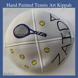 Hand Painted Kippot with Colorful Tennis Art by Artist Rachael Grad