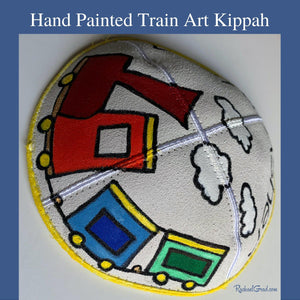 Hand Painted Train Art Kippah by Toronto Artist Rachael Grad side view