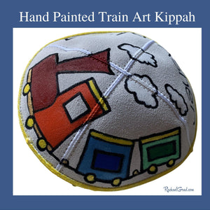 xHand Painted Train Art Kippah by Toronto Artist Rachael Grad with yellow