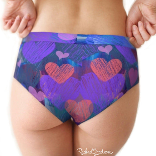 Hearts cheeky briefs underwear for women Valentines by Artist Rachael Grad back on model