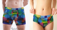 Load image into Gallery viewer, Holiday Gift Matching Underwear Couple, His and Hers Matching Underwear Rainbow Boyfriends Girlfriends, Matching LGBTQ Rainbow Underwear Set by Artist Rachael Grad front