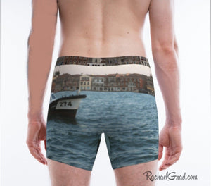 Gift for Dog Lovers: Matching Venice Dogs Underwear, Mens Boxer Briefs briefs on model back by Artist Rachael Grad