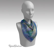 Load image into Gallery viewer, Purple Floral Art Scarf by Artist Rachael Grad 26&quot; square scarves on mannequin 