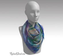 Load image into Gallery viewer, Purple Floral Art Scarf by Artist Rachael Grad 36&quot; square scarves on mannequin 