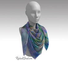 Load image into Gallery viewer, Purple Floral Art Scarf by Artist Rachael Grad 50&quot; on mannequin 