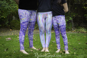 Purple Leggings for Kids by Artist Rachael Grad, 3 art tights in a row