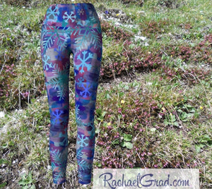Snowflake Yoga Leggings for Women, Holiday Gift for Her, Purple Blue Tights, Winter Gifts Art Pants by Toronto Artist Rachael Grad