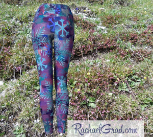 Snowflake Yoga Leggings for Women, Holiday Gift for Her, Purple Blue Tights, Winter Gifts Art Pants by Artist Rachael Grad back view