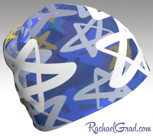 Stars Beanie Hanukkah Winter Hat, Blue and White Toque Women by Artist Rachael Grad