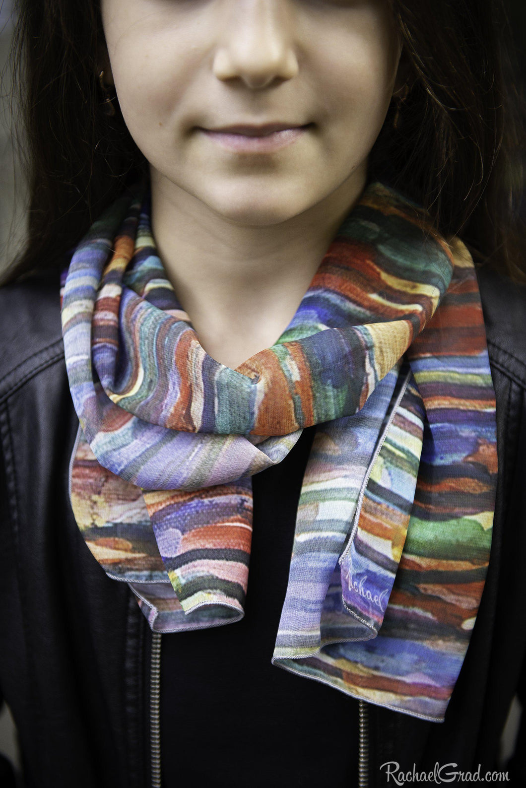 Striped art scarf by Artist Rachael Grad on model 