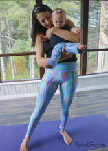 Load image into Gallery viewer, Teal Abstract Art Leggings Dalia Style by Artist Rachael Grad on Jess Pilates and Baby Rachel Mommy and Me Matching Tights