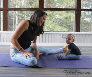Teal Abstract Art Leggings Dalia Style by Artist Rachael Grad on Jess Pilates and Baby Rachel Mommy and Me Matching Tights