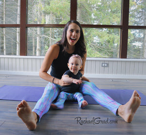 Teal Abstract Art Leggings Dalia Style by Artist Rachael Grad on Jess Pilates and Baby Rachel Mommy and Me Matching TIghts on floor.jp