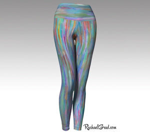 Turquoise Yoga Leggings, Colorful Art Tights by Artist Rachael Grad front view