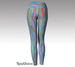 Turquoise Yoga Leggings, Colorful Art Tights by Artist Rachael Grad back view