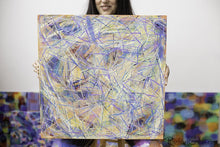 Load image into Gallery viewer, Yellow Blue Abstract Marks Painting Held by Toronto Artist Rachael Grad
