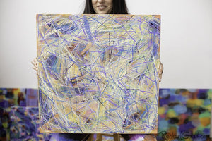 Yellow Blue Abstract Marks Painting Held by Toronto Artist Rachael Grad