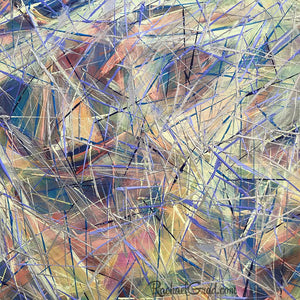 Yellow Blue Abstract Marks Painting Closeup by Toronto Artist Rachael Grad