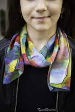 Load image into Gallery viewer, Yellow green blue red art scarf by Artist Rachael Grad on model 
