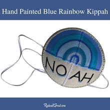 Load image into Gallery viewer, baby kippah with hand painted blue rainbow art by Canadian artist Rachael Grad