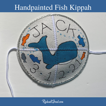 Load image into Gallery viewer, baby kippah with handpainted fish and whale art by Canadian artist Rachael Grad