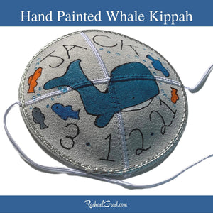  baby kippah with hand painted fish and whale art by Canadian artist Rachael Grad