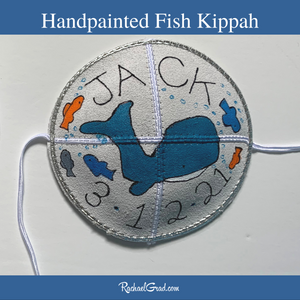 baby kippah with handpainted fish and whale art by Canadian artist Rachael Grad