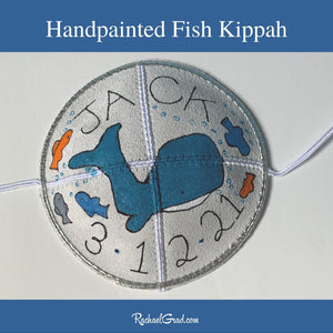baby kippah with handpainted fish and whale art by Toronto artist Rachael Grad