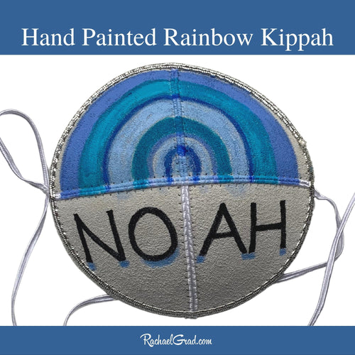 baby kippah with hand painted rainbow art by Toronto artist Rachael Grad