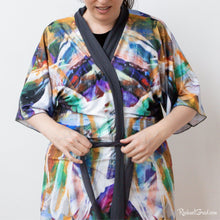 Load image into Gallery viewer, Artist Rachael Grad in black and white kimono bathrobe