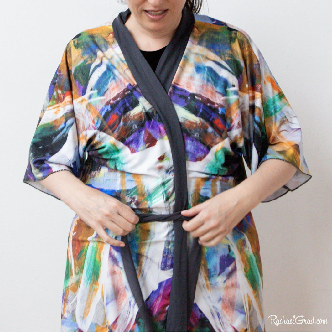 Artist Rachael Grad in black and white kimono bathrobe