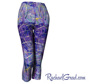 capri leggings with purple art by artist rachael grad