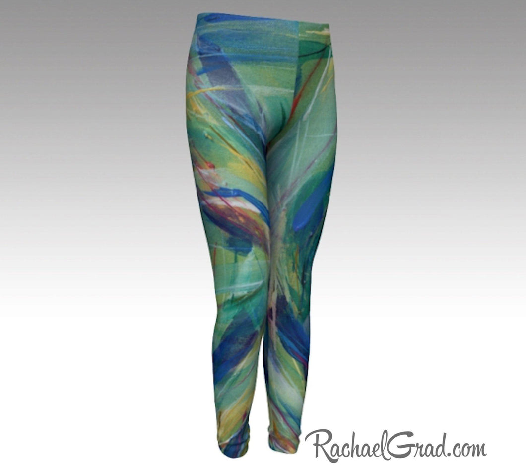 Kids Leggings with Green Abstract Art by Toronto Artist Rachael Grad front view