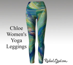 Womens Yoga Leggings with Green Artwork, Canadian Artist Rachael Grad