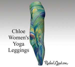 Womens Yoga Leggings with Green Artwork, Canadian Artist Rachael Grad side view