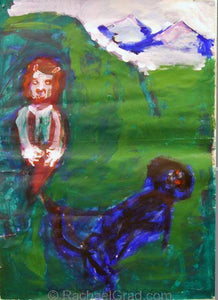 Dog and Demon Oil on Paper Painting by Artist Rachael Grad green white blue black art