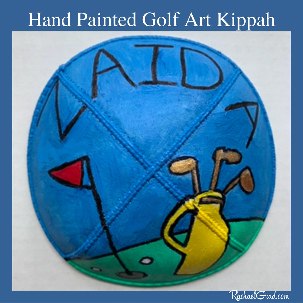Hand Painted Kippah Yarmulka Colorful Golf Art by Artist Rachael Grad