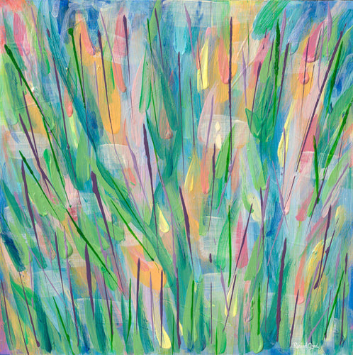 Green Grass Abstract Painting with Yellow, Blue, Pink, Orange by Artist Rachael Grad