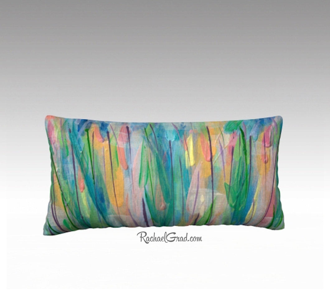 Green Grass Flowers Art Pillow, Abstract Art Long Pillowcase, Abstract Floral Pillow Cover by Artist Rachael Grad